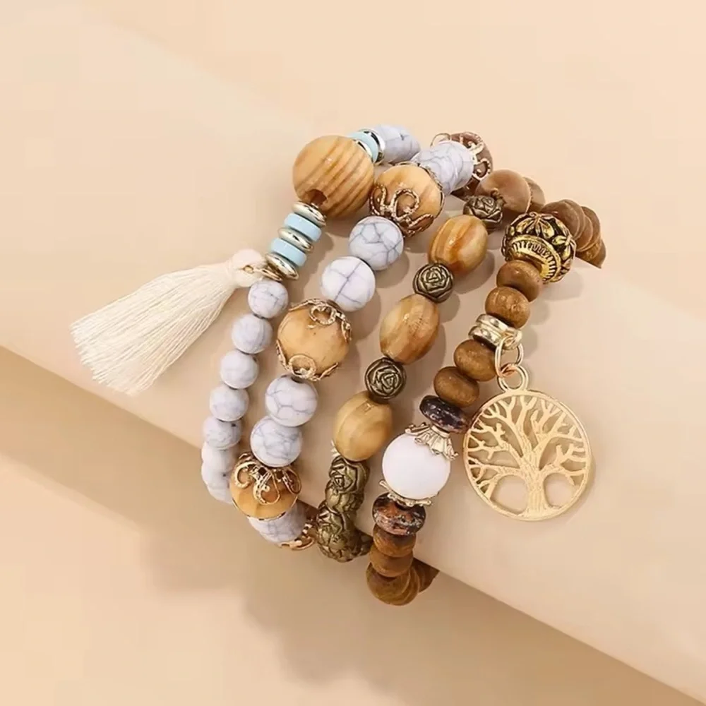 Bohemian Tree of Life Beaded Bracelet Set 4 Pcs